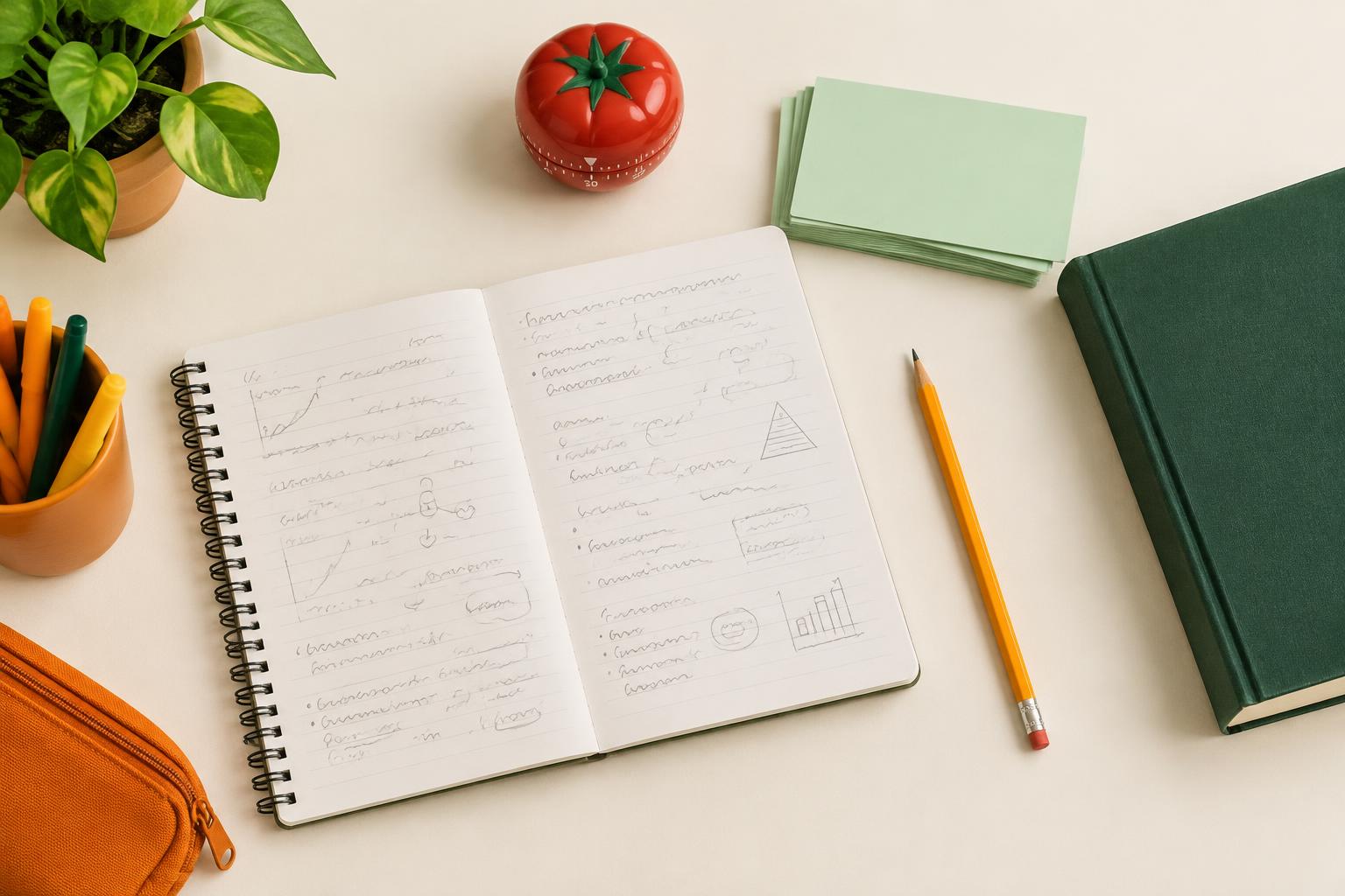 Caderno de estudos, flashcards e um temporizador sobre uma mesa